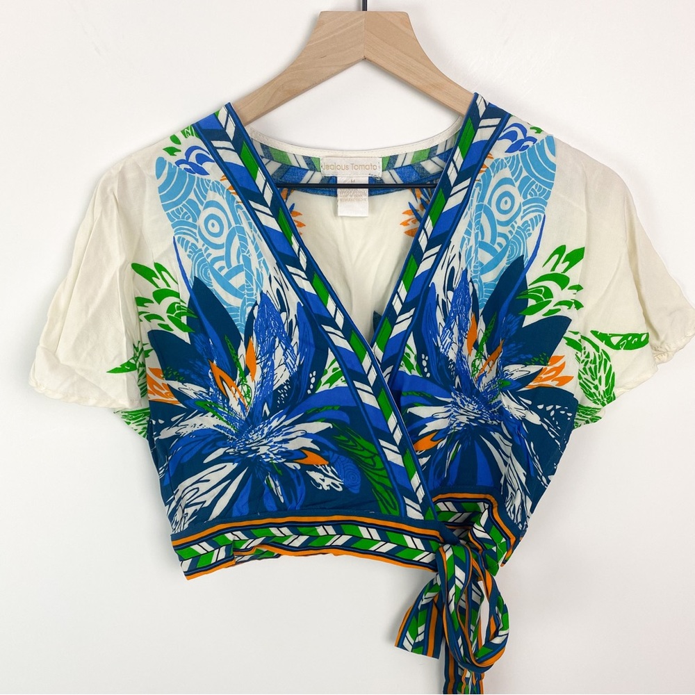 Jealous Tomato Polynesian Tribal Print Wrap Crop Top Medium INV235